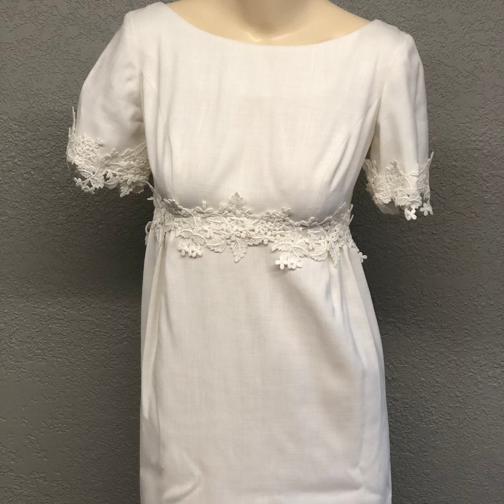 Vintage 60s Linen Blend Tailored Wedding Dress, Heavy Floral Embroidery Trim - Picture 2 of 7